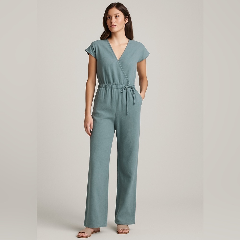 Cloth & Stone Anthropologie Linen Blend Jumpsuit Blue Wrap Short Sleeve Size M - Picture 4 of 16